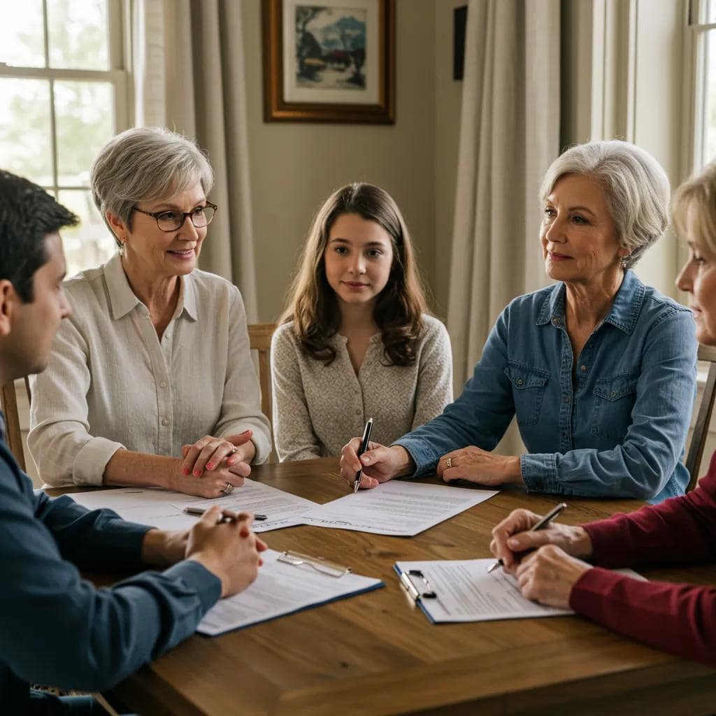 Family discussing estate planning in a cozy home setting