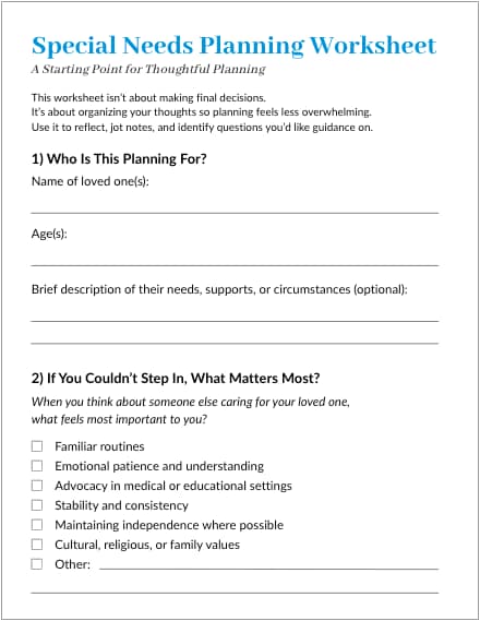 Special Needs Worksheet
